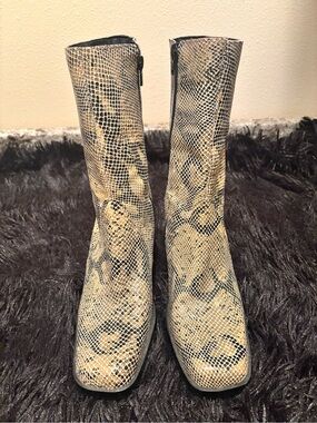 MIA Snake Print Mid-Calf Boots in Beige & Black